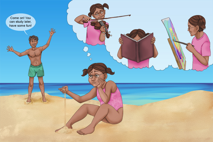 As she let the sand run through her hands, the swotty (Saraswati) girl wished she wasn't wasting time on the beach but at home studying music and arts, gaining knowledge and wisdom.